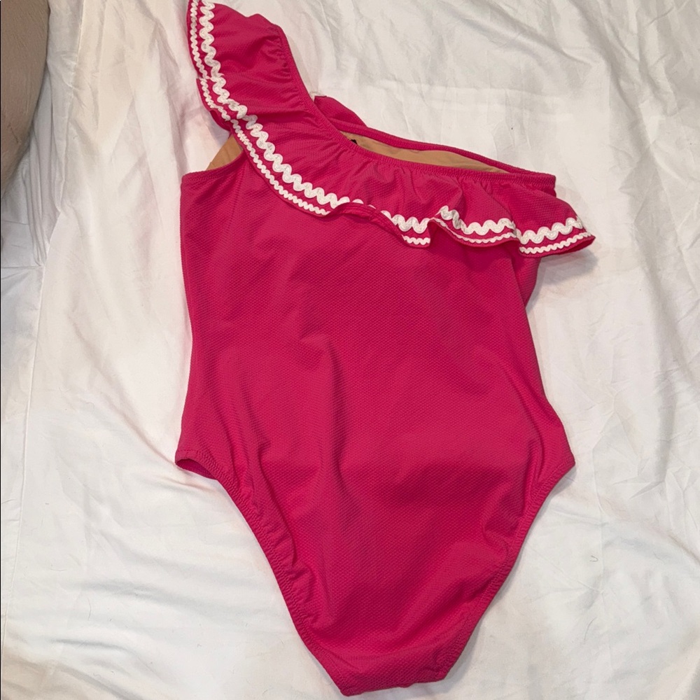 J. Crew Seersucker Pink Ruffle One Shoulder White Swimsuit Size 8 NWT AJ650 - Picture 5 of 6